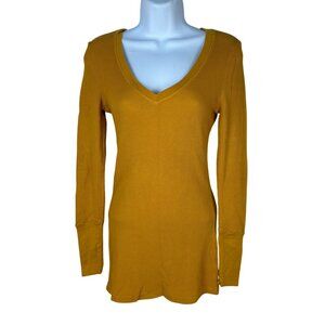 Bobi Los Angeles Mustard Yellow Long Sleeve V-Neck Waffle Knit Top Size Small